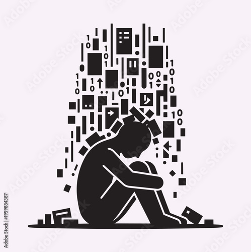 Information Overload Human Silhouette, Data Flood Stress Concept, Minimal Black Vector Isolated
