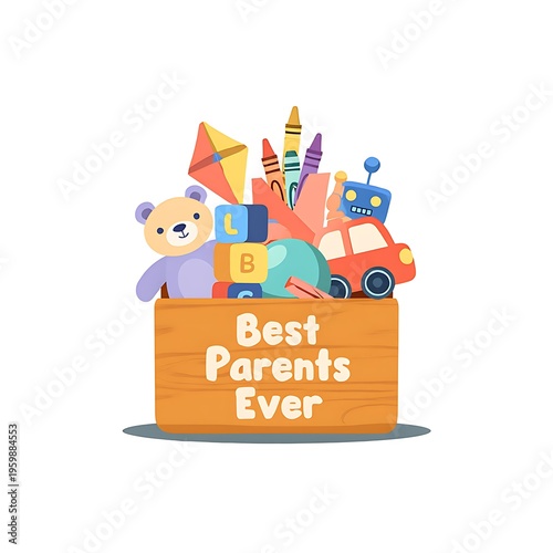 A wooden box overflowing with toys and colorful objects isolated on white background