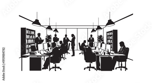 A group of people working in a modern office environment with computers and books isolated on transparent background