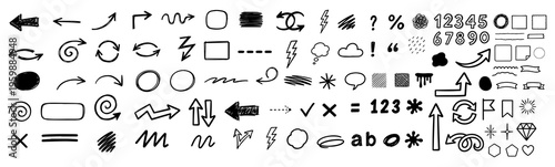 Hand Drawn Doodle Elements Set Vector, Arrows, Scribbles, Shapes, Lines, Symbols, Numbers and Icons, Sketch Style Clipart Collection, Abstract Hand Drawn Design Elements Pack