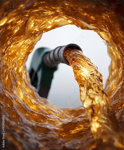 Point-of-view image from inside a fuel tank, looking outward through a circular frame as a fuel nozzle dispenses gasoline. The flowing golden liquid and realistic textures create a strong energy