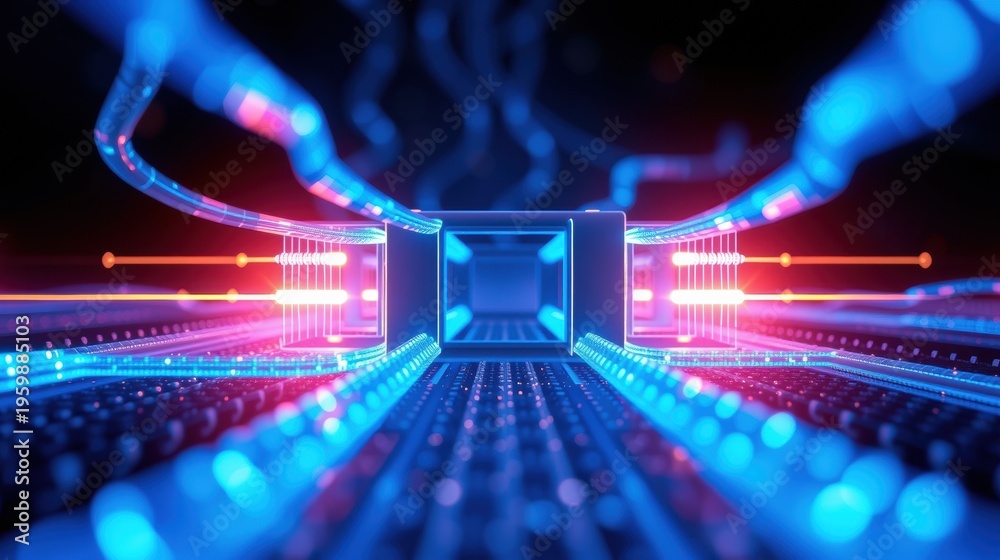 Obraz premium Futuristic tunnel. Blue, red lights create digital pathway. Circuitry extends into darkness, suggesting data flow. Abstract, vibrant scene.