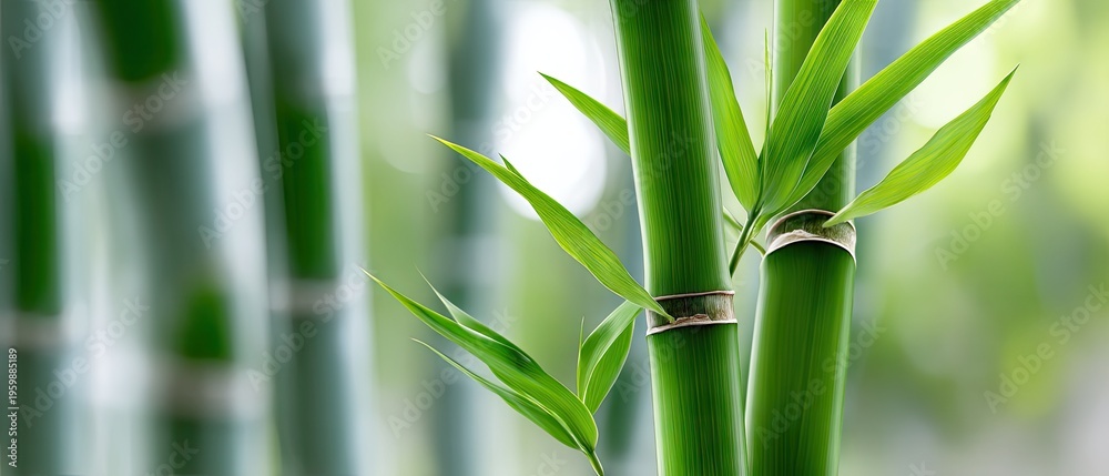 Obraz premium Bamboo sticks in green rows create an organic pattern with natural texture against a blurred background in high-resolution photography
