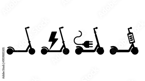 A set of four black silhouette icons representing electric kick scooters with various charge symbols Vector