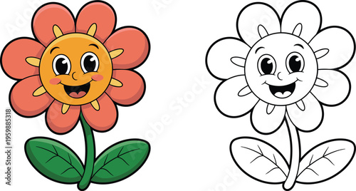 Cute Purple Cartoon Car Character with Big Eyes Including Color and Line Art Versions for Kids Coloring Book