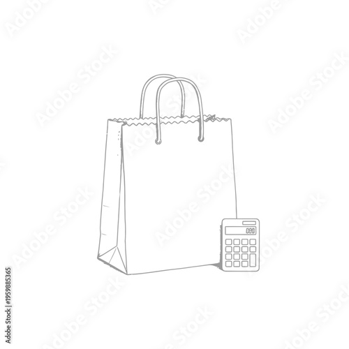 Shopping Bag and Calculator Line Art Illustration.