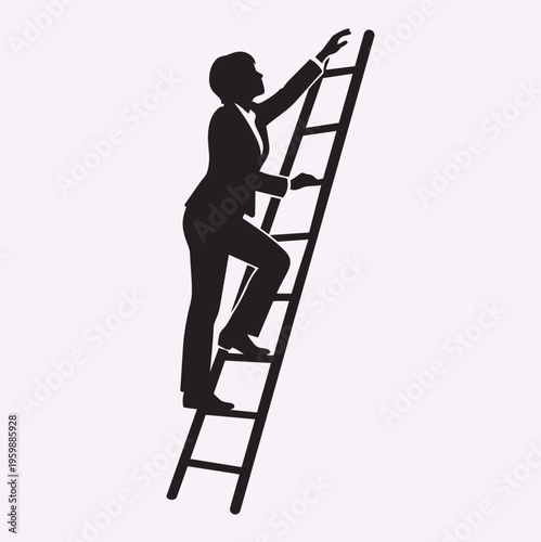 Human silhouette of businessperson climbing ladder and reaching top, achievement concept, clean vector shape, solid black, isolated background