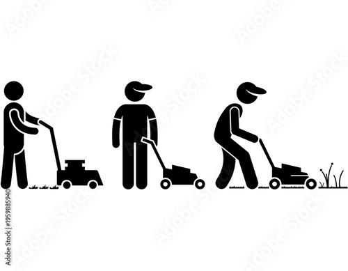 Three stick figures demonstrating the process of lawn mowing and yard work.