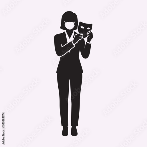 Human Silhouette Holding Face Mask Identity vs Persona Concept Minimal Black Vector Illustration