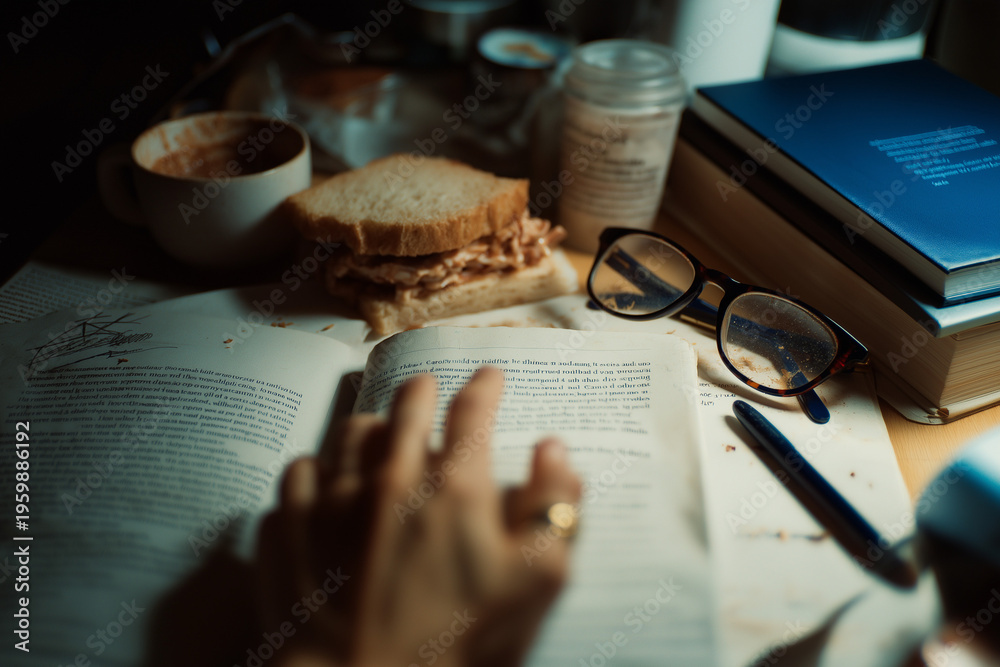 Obraz premium A messy home office desk with a half-eaten sandwich, a coffee rings on a notebook, and a pair of blue-light glasses. Direct flash photography, 35mm film grain, slightly out of focus, realistic skin te