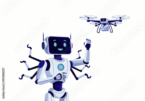 Robot with drone flying nearby smiling.