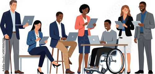 Diverse professional team of inclusive business people working with laptops and tablets in a collaborative modern office environment
