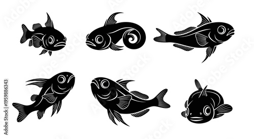 Set of Six Black Fish Silhouettes, Stylized Linocut Style, Isolated on White Background