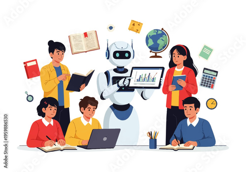 Robot with people using laptops.