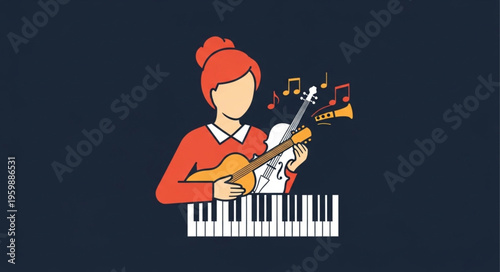 Woman Playing Ukulele and Keyboard with Musical Notes Illustration.