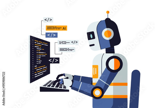 Robot working on computer terminal.