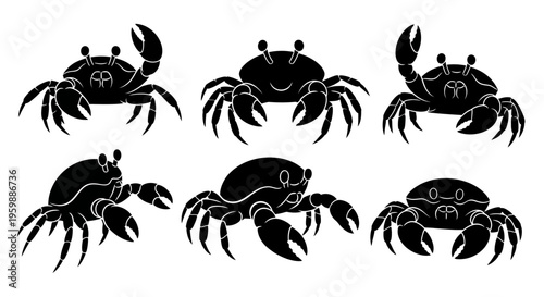 Set of Six Black Crab Silhouettes on White Background, Various Poses