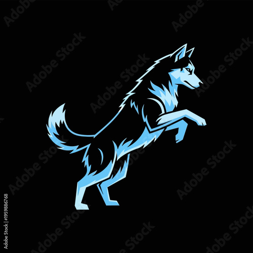 Dynamic Blue and Black Husky Dog Leaping Illustration.