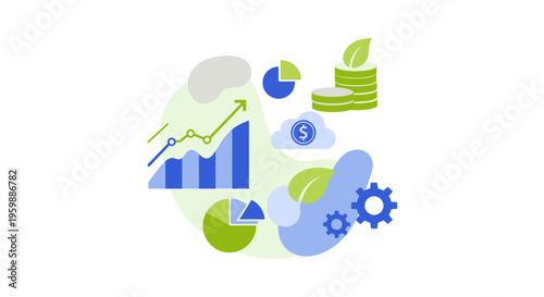 Sustainable Finance and Business Growth Strategy Illustration. Green Economy Data Analysis, ESG Investment, Technology Optimization, and Profit Development.