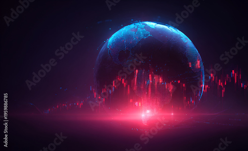 A digital rendering of a globe with blue and red hues, indicating global financial data and trends. The globe is glowing