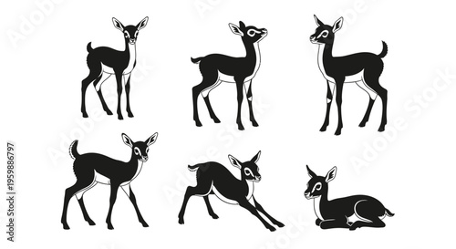 Set of Six Black Deer Silhouettes in Various Poses on White Background