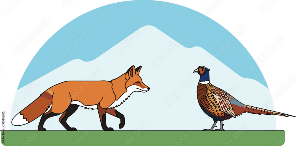 Fototapeta premium Vector Illustration Featuring a Red Fox Stalking a Pheasant Bird in a Meadow with Mountains and Blue Sky Background Scenery