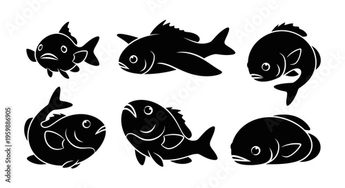 Set of Six Black Fish Silhouettes on White Background, Vector Illustration