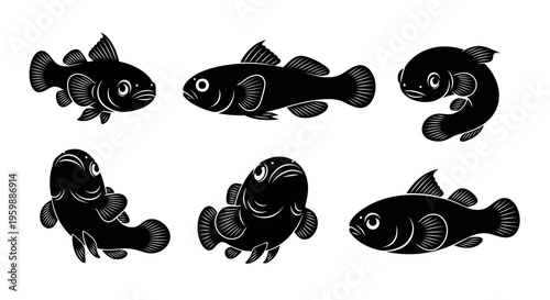 Set of Six Black Fish Silhouettes on White Background