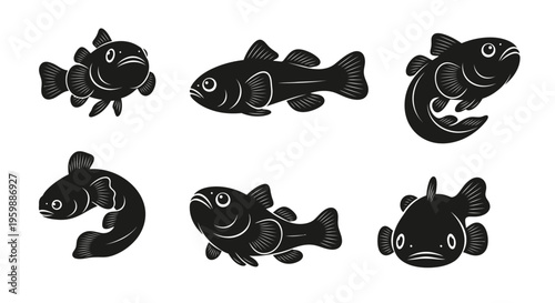 Set of Six Black Fish Silhouettes on White Background, Various Poses
