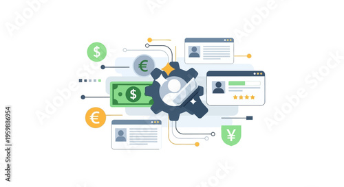 Business Process Automation, Financial Management, and CRM Integration Vector. Customer Data Analysis and System Optimization Flowchart.