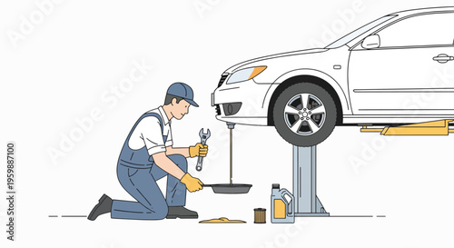 Mechanic performing an oil change on a car lifted on a hoist.