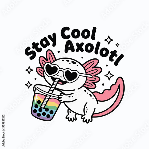 Cute cartoon axolotl wearing heart sunglasses sipping rainbow boba tea vector art