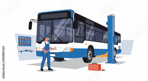 Mechanic servicing a large public transport bus in a garage.
