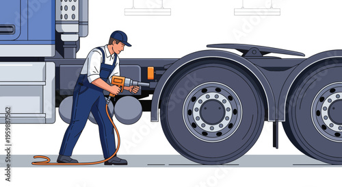 Mechanic servicing large truck wheels with a powerful impact wrench.