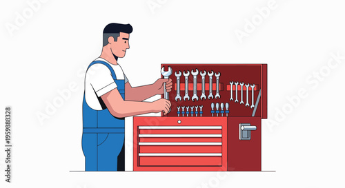 Mechanic working with tools from a red toolbox.