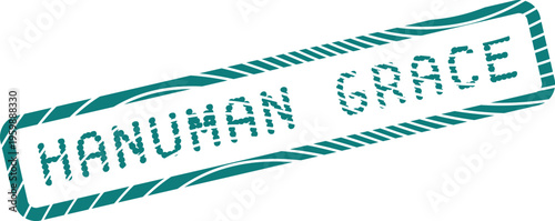 A textured green rectangular stamp features the sacred words Hanuman Grace for Hindu spirituality