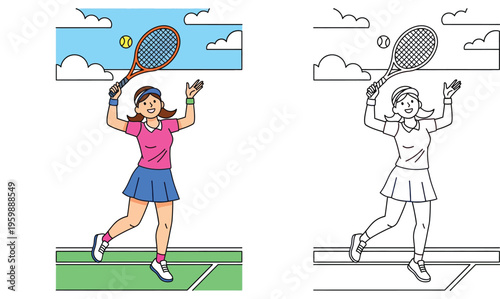 Happy Woman Playing Tennis on Outdoor Court with Racket and Ball, Cartoon Illustration and Coloring Book Page Vector, Sport Theme Activity for Kids and Adults