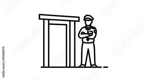 Security Guard Standing Watch at Entrance Booth Line Art.