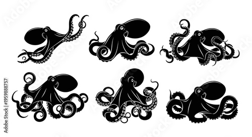 Set of Six Black Octopus Silhouettes on White Background, Various Poses