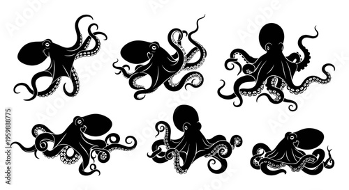 Set of Six Black Octopus Silhouettes on White Background