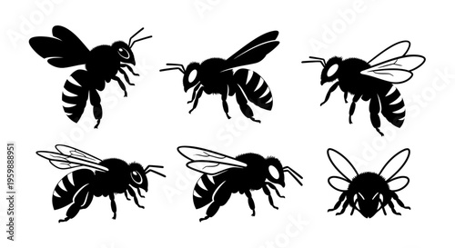 Set of Six Black Silhouette Bee Illustrations in Various Poses