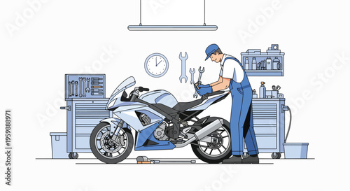 Motorcycle mechanic working on a sport bike in a repair shop.