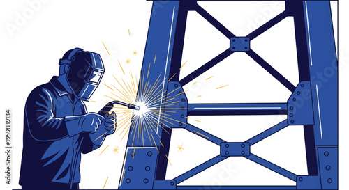 Skilled welder working on a large metal structure with sparks flying.