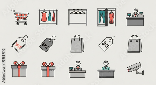 Shopping Icons - Cart, Clothes, Tags, Gifts, and Security.