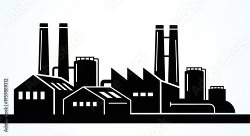 Silhouette of a Factory with Chimneys and Industrial Buildings.