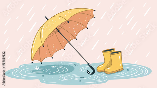 A vector graphic illustration of a yellow umbrella and rain boots in a puddle on a rainy day