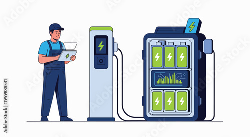Technician monitoring large battery pack charging at an electric vehicle station.