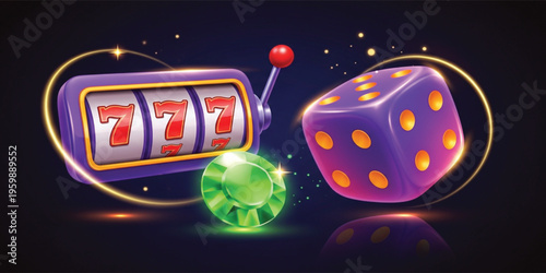 Casino 3D Illustration with Slot Machine Triple Seven Dice and Gemstone for Gambling Game Design Neon Glow Effect and Modern Gaming Elements