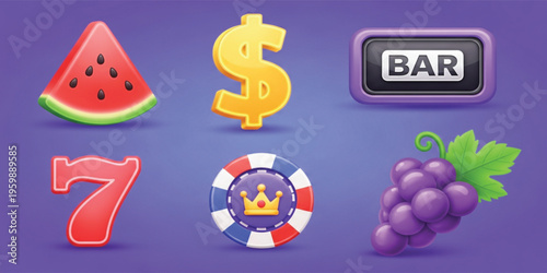 Casino 3D Icon Set with Slot Machine Symbols Dollar Sign Seven Bar Poker Chip Crown and Fruit Elements for Gambling Game UI Design