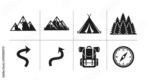 Outdoor Adventure and Camping Icons Set for Exploration.